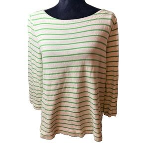 LOFT | Green and White Striped 3/4 Sleeve Boatneck Top | 100% Cotton | Sz L